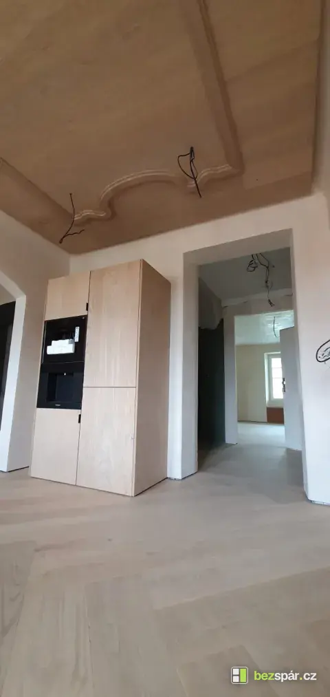 Světlá stěrka na stěnách místnosti s kazetovým stropem