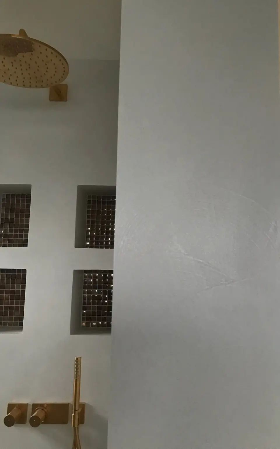 Hrana příčky v hladké stěrce a sprcha s nikami z hnědé mozaiky